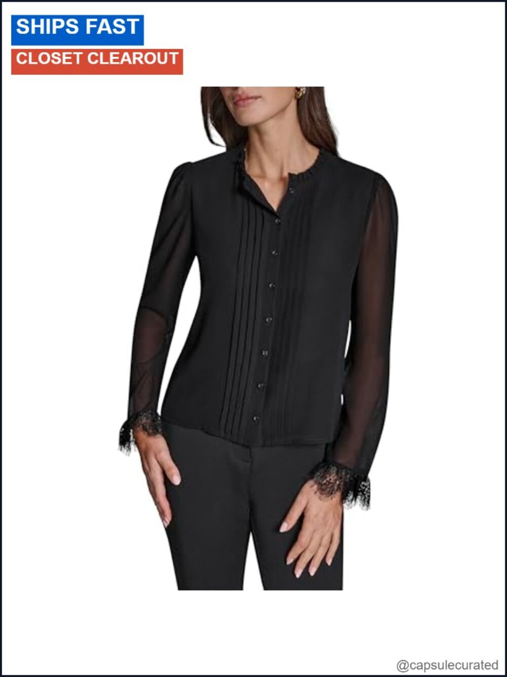 Long Sleeve Pleat Front Lace Trim Woven Blouse V-Neck